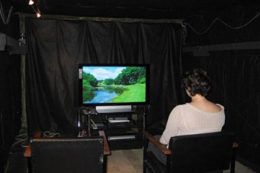 A student viewing a television screen