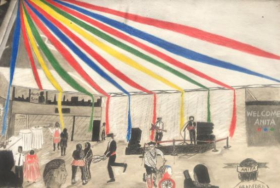 Charcoal drawing of Anita Rani installation