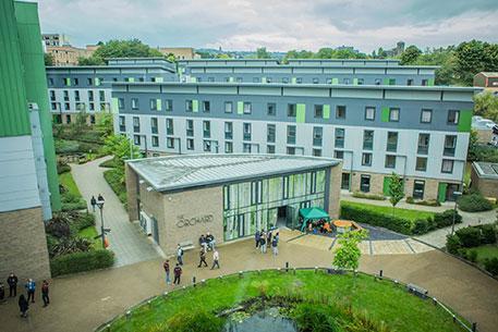 Two rows of student accommodation buildings, with some students walking past, and a small pond. 